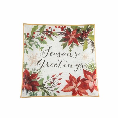 14" Sq "Seasons Greetings" Glass Poinsettia Serving Platter