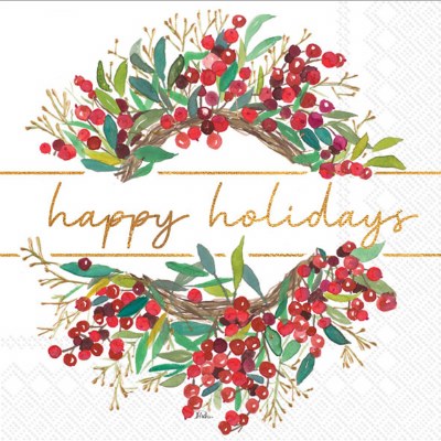 5" Square "Happy Holidays" Wreath Beverage Napkins