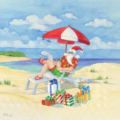 5" Square Santa Sitting on the Beach Beverage Napkins
