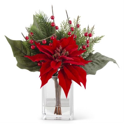 11" Red Pointsettia and Pine in a Vase Arrangement