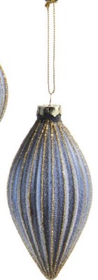 5" Dark Blue and Gold Ribbed Glass Diamond Ornament