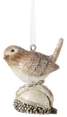 2" Beige and Silver Bird on a Chestnut Ornament