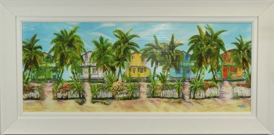 23" x 47" Five Houses on the Beach Coastal Gel Textured Print in a White Frame