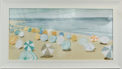 26" x 46" Aqua and Orange Umbrellas on the Beach Coastal Gel Textured Print in a White Frame