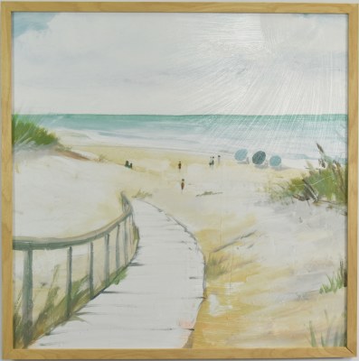 25" Sq Boardwalk on the Beach Coastal Gel Textured Print in a Brown Wood Frame
