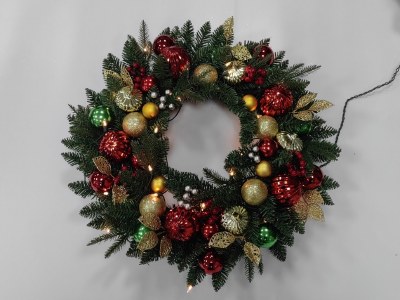24" Round Faux Red and Gold Ornaments and Pine Wreath