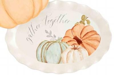 16" Oval Ceramic "Gather Together" Multipastel Pumpkins Platter by Mud Pie