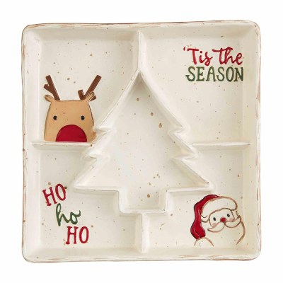 11" Sq Five Compartment Ceramic Santa and Reindeer Divided Tray by Mud pie