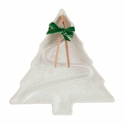 10" White Ceramic Four Compartment Tree Dish With Tongs by Mud Pie
