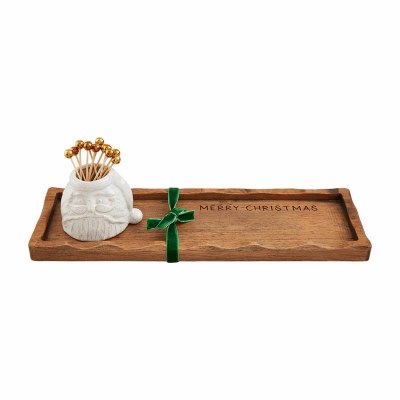 5" x 14" Wood Tray With a Ceramic Santa Toothpick Holder by Mud Pie