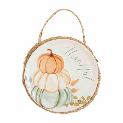 8" Round "Thankful" Plate With a 9" Round Seagrass Trivet by Mud Pie