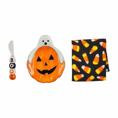 7" Round Ceramic Jack-O-Lantern and Ghost Platter With a Spreader and Candy Corn Kitchen Towel by Mud Pie