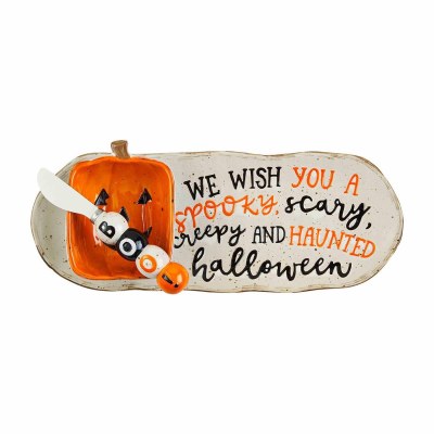 5" x 13" Ceramic "We Wish You a Spooky, Scary, Creepy, and Haunted Halloween" With a Dip Bowl by Mud Pie