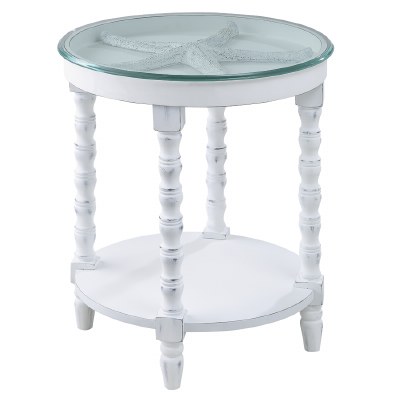 20" Round Distressed White Starfish Glass Top End Table