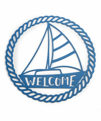 12" Round Blue "Welcome" Sailboat Coastal Wall Art Plaque