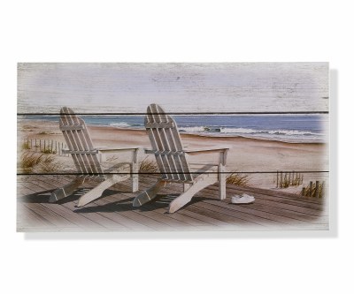12" x 24" Two White Chairs on a Deck Coastal Wood Wall Art Plaque