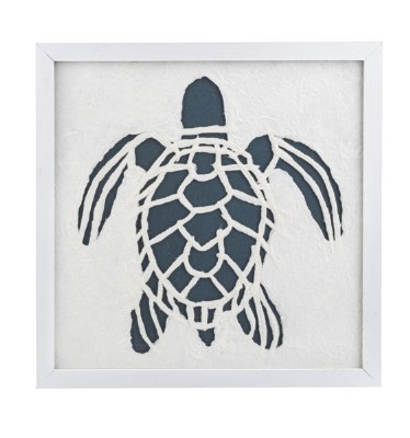 14" Sq Navy and White Paper Sea Turtle in a White Frame Under Glass