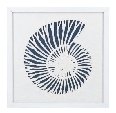 14" Sq Navy and White Paper Nautilus Shell in a White Frame Under Glass