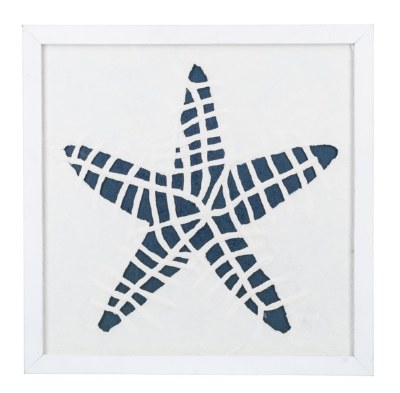 14" Sq Navy and White Paper Starfish in a White Frame Under Glass