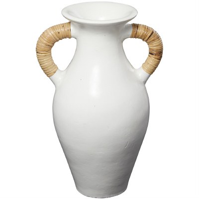 21" White Two Handle Rattan Vase