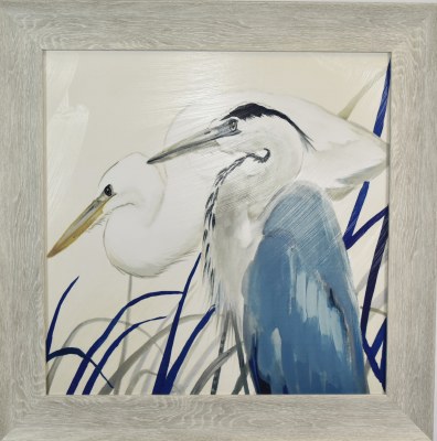 30" Sq Blue and White Herons 1 Coastal Gel Textured Print in a Gray Frame