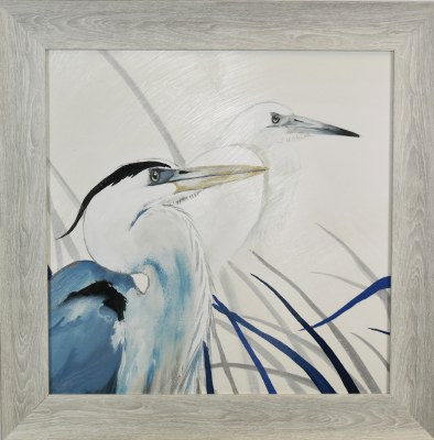 30" Sq Blue and White Herons 2 Coastal Gel Textured Print in a Gray Frame