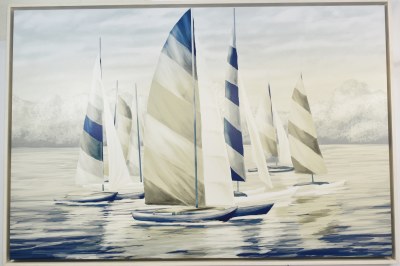 42" x 62" Blue and White Sailboats Coastal Canvas in a White Wash Frame