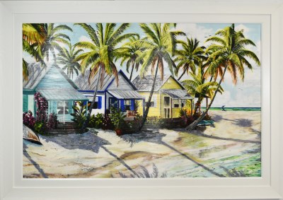 44" x 63" Multicolor Beach Cottages Coastal Gel Textured Print in a White Frame