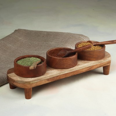 5" x 16" Brown Wood Tray With Three Bowls