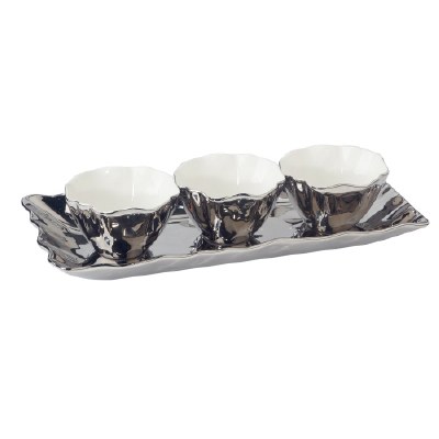 6" x 14" Silver Ceramic Tray With Three Bowls