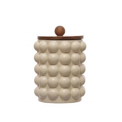 8" White Dots Thin Canister With a Wood Lid