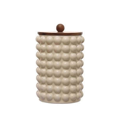 10" White Dots Canister With a Wood Lid