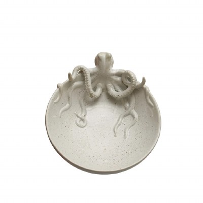 12" Round Distressed White Ceramic Octopus Bowl