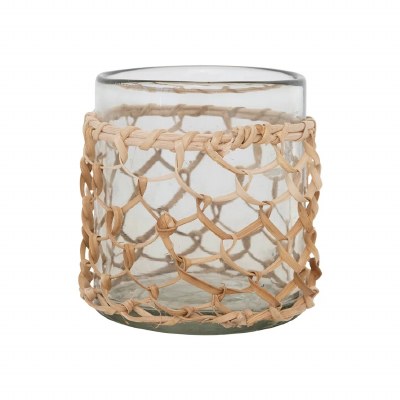 3" Round Clear Glass Votive Holder Wrapped in Rattan