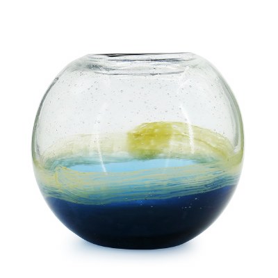 8" Round Clear, Blue, and Yellow Glass Vase