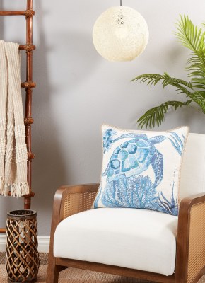 20" Sq Blue Embroidered Sea Turtle Decorative Coastal Pillow