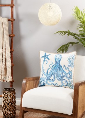 20" Sq Blue Octopus and Starfish Decorative Coastal Pillow