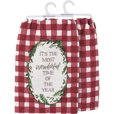 28" Sq "It's The Most Wonderful Time of The Year" Red and White Plaid Kitchen Towel