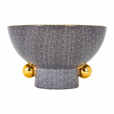10" Round Black and White Footed Bowl With Two Gold Orbs