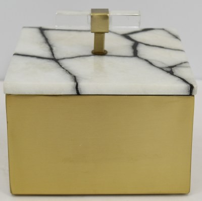 5" Sq White and Black Marble and Gold Metal With a Handle
