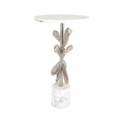 14" Round White Marble Top Silver Leaves Base End Table