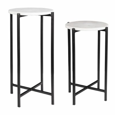Set of Two 10" Round White Marble Top and Black Legs Nesting Tables