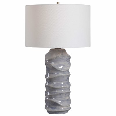 28" Blue and White Waves Ceramic Column Table Lamp