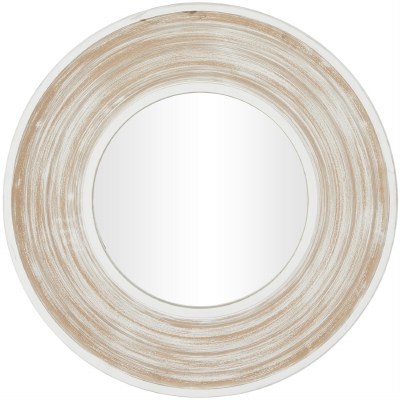 35" Round Beige and White Wood Mirror