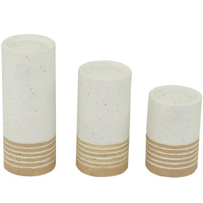 Set of Three Distressed White and Beige Pillar Candleholders