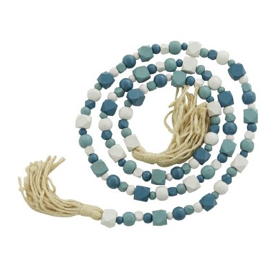 80" Blue, Teal, and White Geometric Wood Beads Table Garland