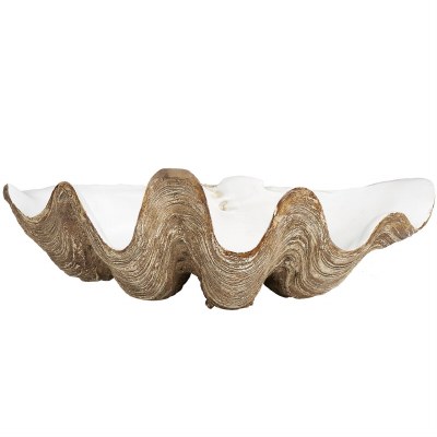 20" White and Brown Polyresin Clam Shell Shaped Bowl