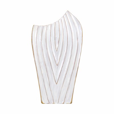 22" White and Gold Metal Grooves Vase