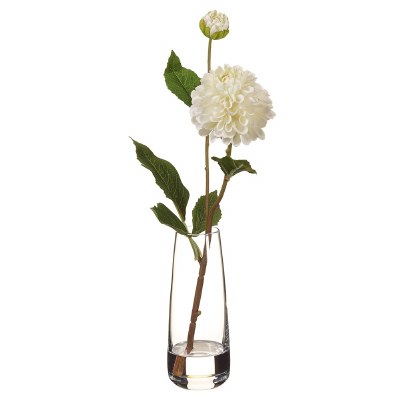 14" Faux White Dahlia in a Clear Glass Vase