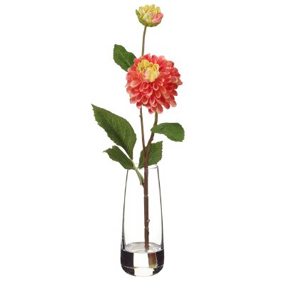14" Faux Coral Dahlia in a Clear Glass Vase